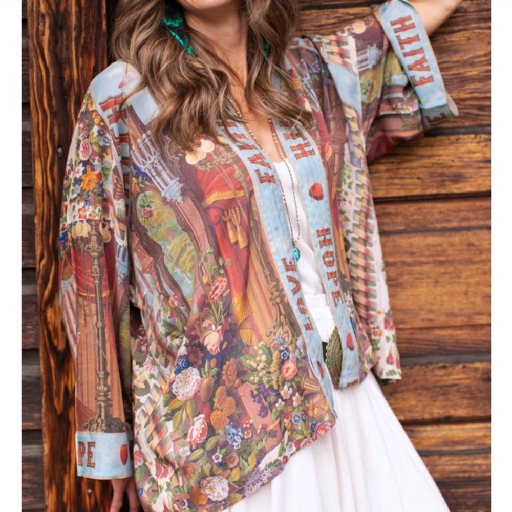 Colorful Graphic Print Women's cropped Kimono Style Blouse
